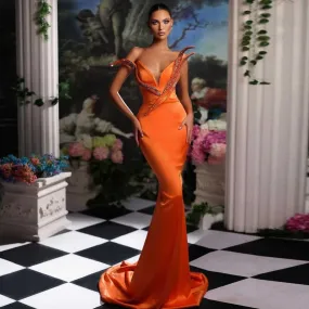2024 Abiti da ballo a sirena arancione Abiti da cerimonia di alta qualità Robes De Soiree 3d Applicazioni di perline Abito da ce