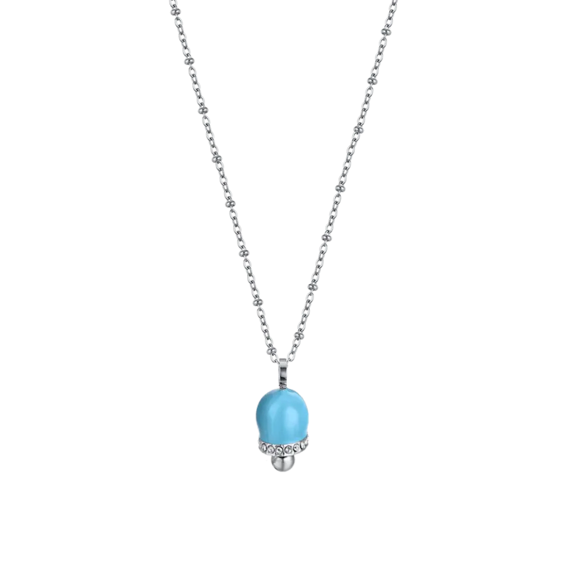 COLLANA DONNA IN ACCIAIO CON CAMPANELLA CON SMALTO TURCHESE E CRISTALLI BIANCHI