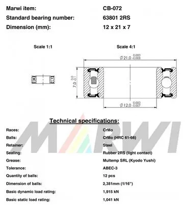 CUSCINETTO 63801 2RS 12x21x7 CB072 CB-072.