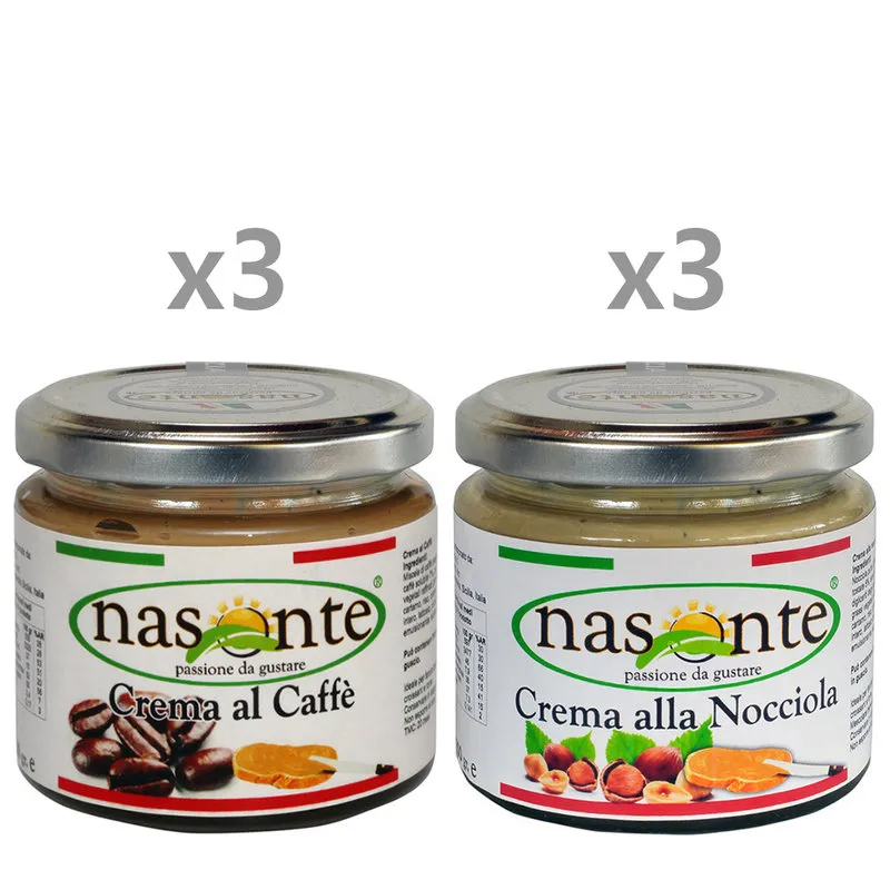 Nasonte 6 confezioni miste: 3 Crema al Caffè 200 gr - 3 Crema Nocciole tostate 200 gr