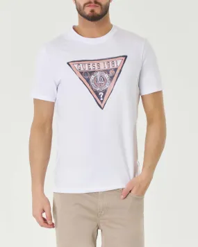 T-shirt bianca mezza manica in cotone stretch con logo triangolo stampato